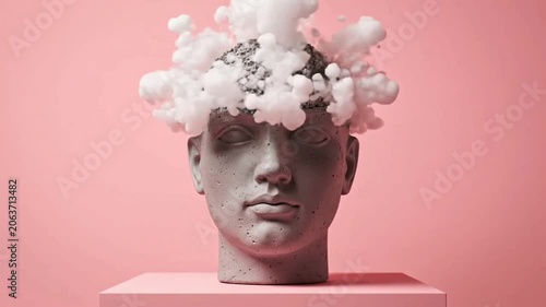 Surreal concrete statue head erupting into white clouds on pink background. Conceptual 3D animation for brain fog, burnout, and creativity