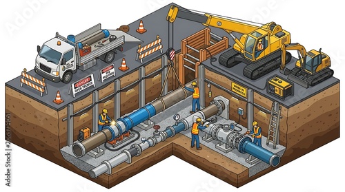 Isometric illustration of underground pipeline construction site with workers and heavy machinery.