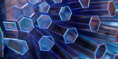 Photos Abstract blue glowing hexagonal glass crystal tubes protruding outward creating