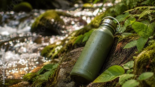 Human connection with nature captured green water bottle resting mossy rock beside flowing stream evoking calm peaceful camping mood with leaf