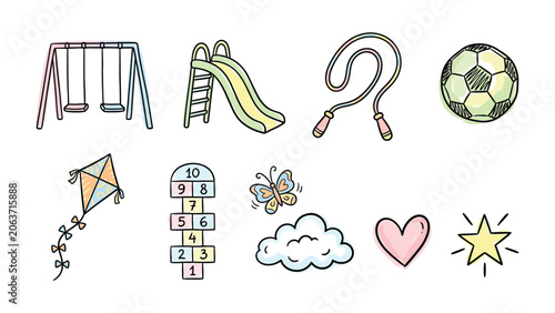 Photos Playful Childhood Icons: A collection of whimsical, hand-drawn illustrations depicting elements of childhood play, including a swing set, slide, jump rope, soccer ball, kite, hopscotch grid
