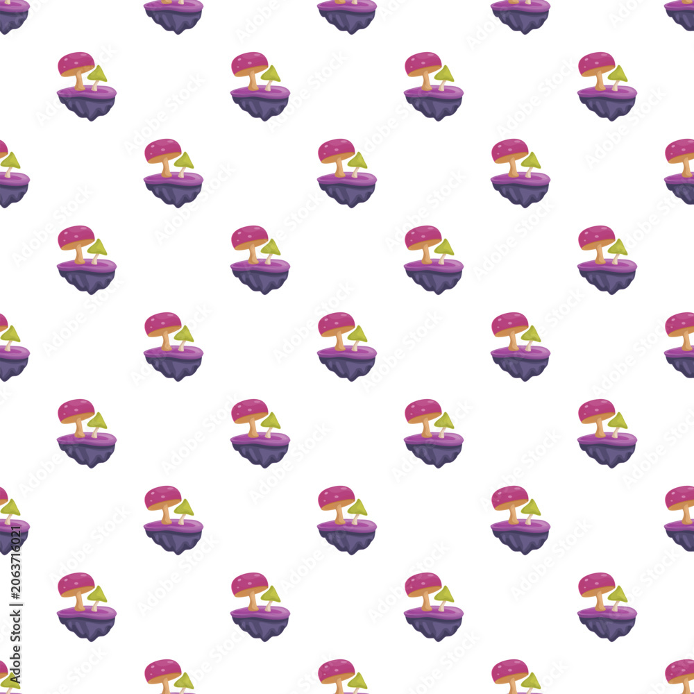 Naklejka premium Fantasy mushroom islands repeated across a white background and creating a seamless pattern