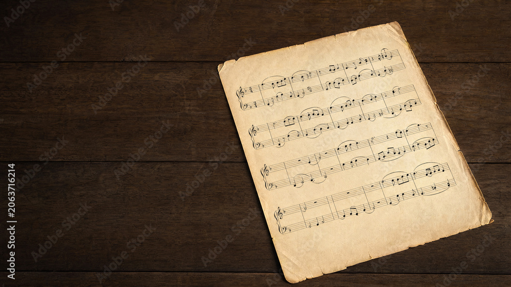 Naklejka premium Classical music manuscript with flowing notes on aged paper.