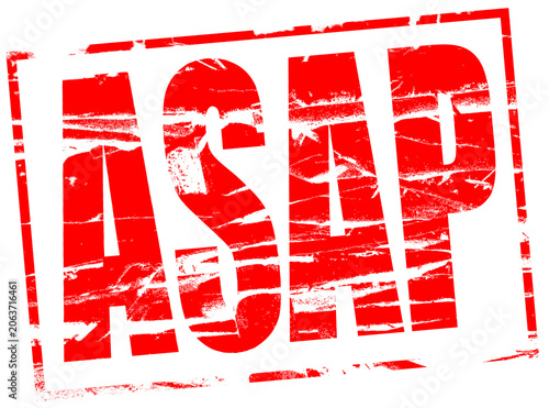 Digital composite. ..Red rubber stamp effect. ASAP. As soon as possible ..quick, hurry, pressing, urgent, ..PNG file