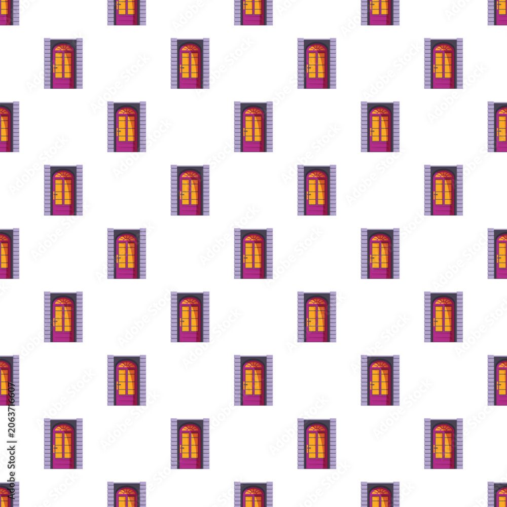 Naklejka premium Repeating purple arched doors with stone frames forming a decorative seamless background