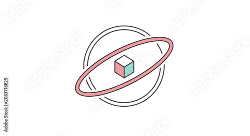 Colorful cube with ring around it.