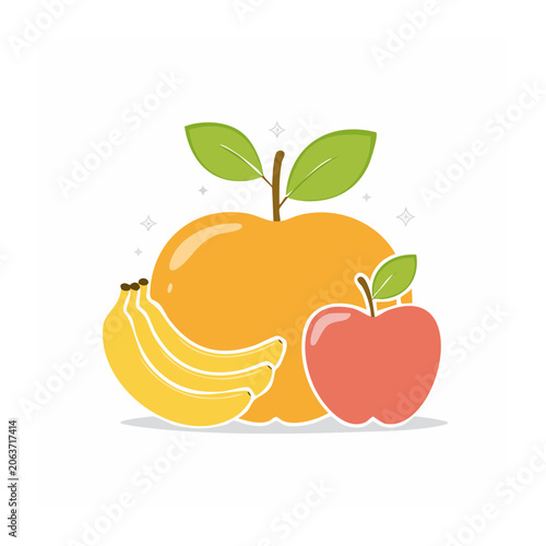 Flat Design Illustration of Orange, Banana, and Apple