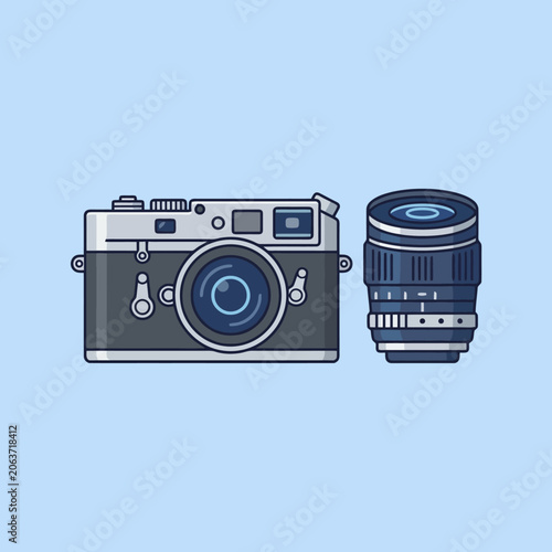 Canvas-taulu A vintage rangefinder camera and a lens on a blue background