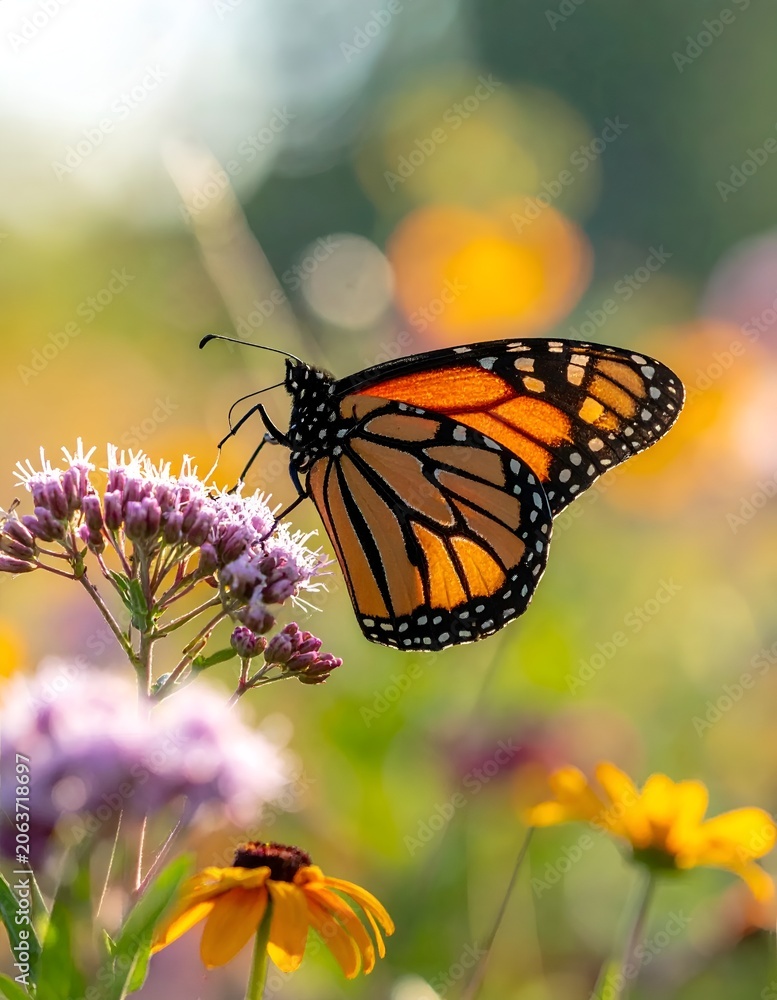 Obraz premium Monarch Butterfly Feeding on Purple Flowers.