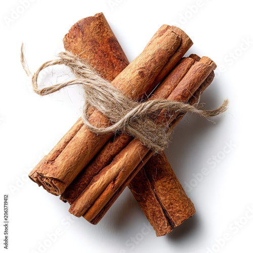 Bundle of Cinnamon Sticks Tied with Twine on White Background