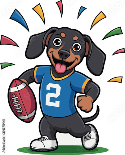 Dachshund dog in football jersey holding ball
