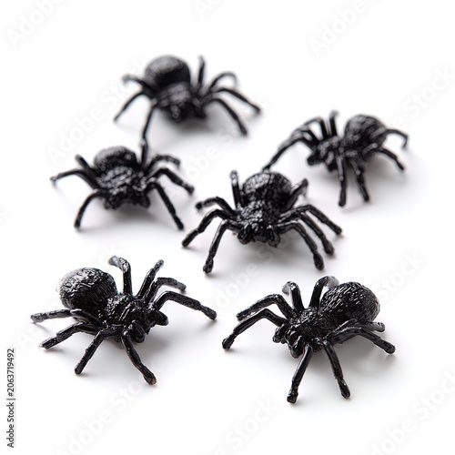 Collection of Black Plastic Spider Toys on White Background