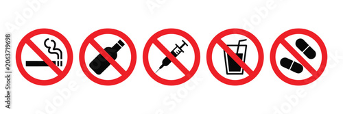 Tableau sur toile Prohibition Icons for No Smoking, No Alcohol, No Drugs, No Pills and Toilet Misu