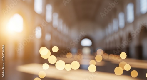 Abstract Blurred Cathedral Interior with Golden Bokeh Lights