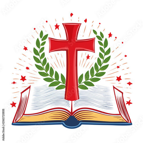 Christian cross with open book and laurel wreath