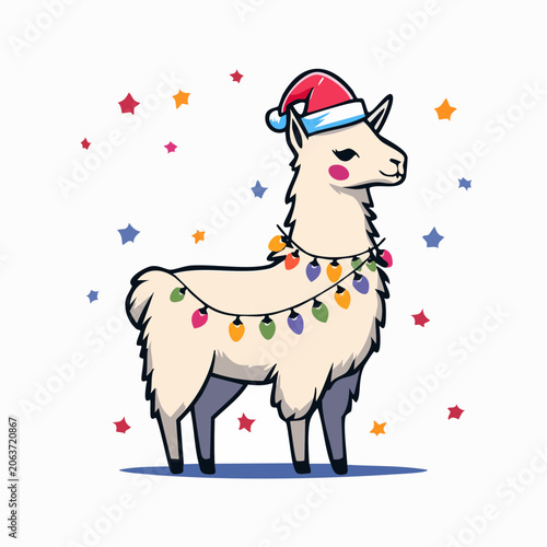 Cute Llama Wearing Santa Hat and Christmas Lights