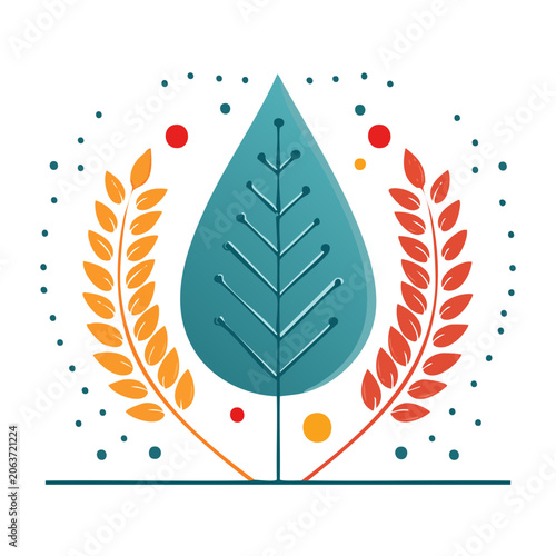 Flat Design Leaf and Wheat Branches Illustration