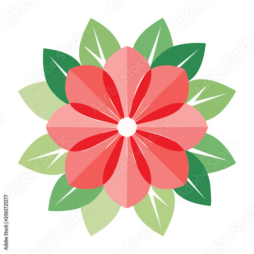 Flat design red flower with green leaves