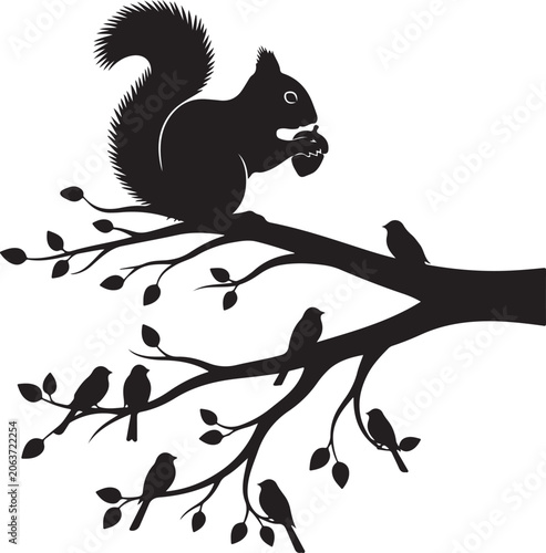 black squirrel on tree branch vector illustration, Generative Ai