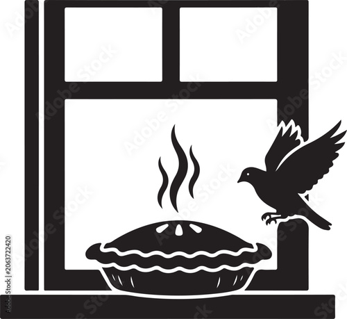 bird stealing pie from window vector illustration, Generative Ai