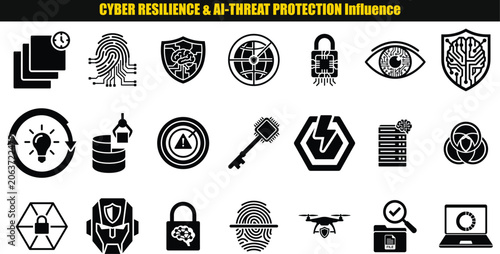 Collection of security themed shapes and objects dark monochromatic style protection cybersecurity digital defense data safety lock key padlock shield brain globe fingerprint eye circuit