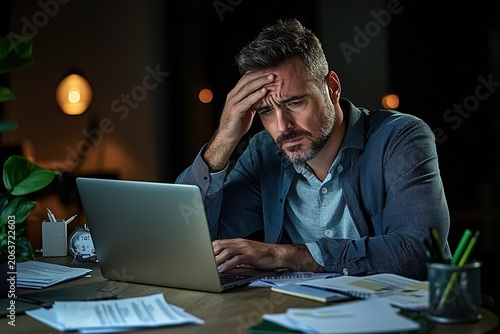 Stressed businessman working late at night in office with laptop holding head in hands showing exhaustion and work pressure