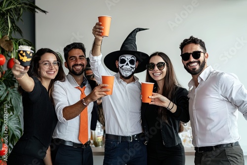 Happy office workers celebrating Halloween party with costumes and orange cups in modern workplace
