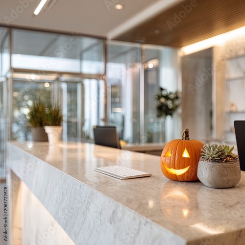 Modern kitchen island with carved Halloween pumpkin and succulent plant in contemporary home interior with large windows