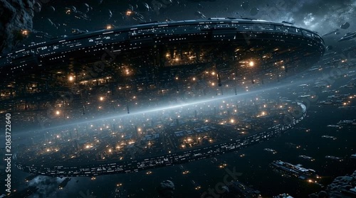 A gigantic interstellar shipyard hidden inside an asteroid belt, with thousands of spacecraft under construction, glowing with industrial lights in a vast sci-fi space environment.