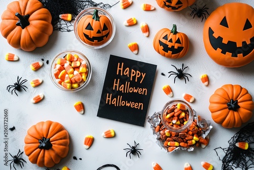 Happy Halloween festive flat lay with jack-o-lantern pumpkins, candy corn, spiders and decorations on white background