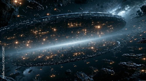 A gigantic interstellar shipyard hidden inside an asteroid belt, with thousands of spacecraft under construction, glowing with industrial lights in a vast sci-fi space environment.