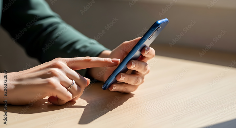 Fototapeta premium Close-up of a person's hands interacting with a blue smartphone on a wooden table in natural light