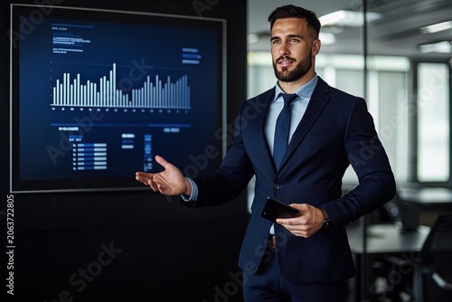 Professional businessman presenting financial data analytics on digital dashboard screen in modern office environment