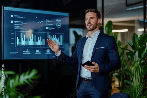 Professional businessman presenting data analytics dashboard in modern office with digital charts and graphs on large screen