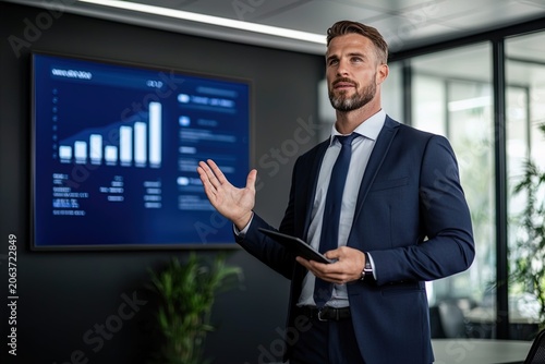 Professional businessman presenting financial data analytics dashboard in modern office conference room with charts and graphs on digital display screen