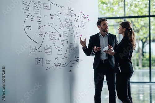 Business professionals discussing strategy in modern office with flowchart diagrams on whiteboard wall