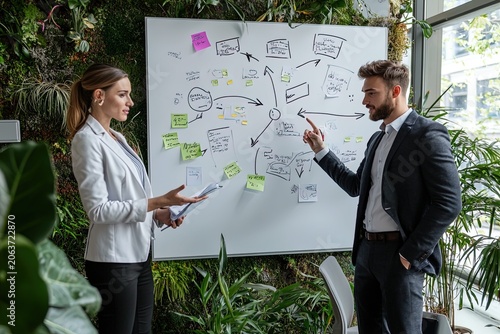 Business professionals collaborating on strategy planning with whiteboard in modern green office space with living wall