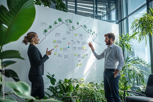 Business professionals collaborating on strategy planning with whiteboard brainstorming session in modern green office environment