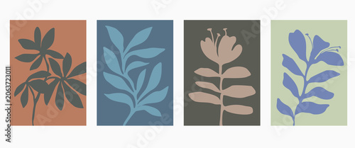 Set of abstract foliage poster vector design. Leaves, flower, organic shapes with earth tone colors. Illustration design for Eco packaging, interior, cover, wall art, wallpaper