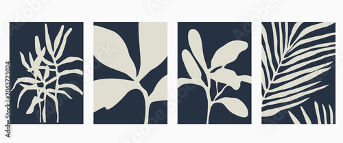 Set of abstract foliage poster vector design. Leaves, flower, organic shapes with earth tone colors. Illustration design for Eco packaging, interior, cover, wall art, wallpaper