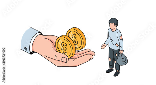 Large hand of a wealthy person giving gold coins to a poor man in tattered clothes to represent charity and financial assistance for the needy.