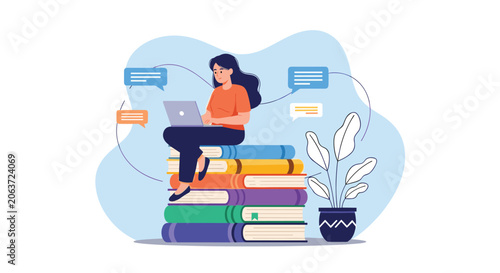 Young woman sitting on a huge stack of books using laptop for online education and remote university studying concept.