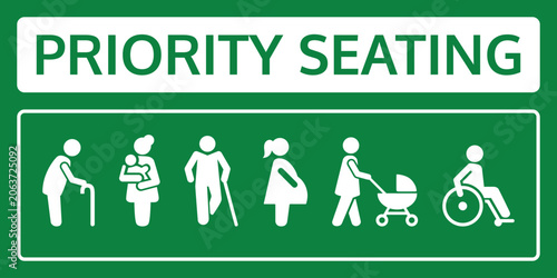 Vector priority seating sign in green and white with six pictograms showing elderly with walker, woman holding baby, disabled with cane, pregnant woman, parent with stroller, and wheelchair user.