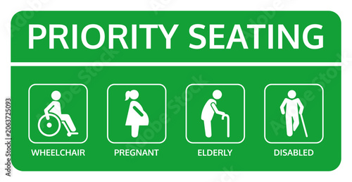 Vector priority seating sign in green and white with four labeled pictograms showing wheelchair user, pregnant woman, elderly person with cane, and disabled person with crutch.