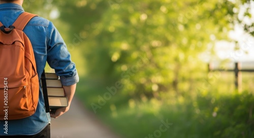 Student with Backpack and Books Walking in Green Park