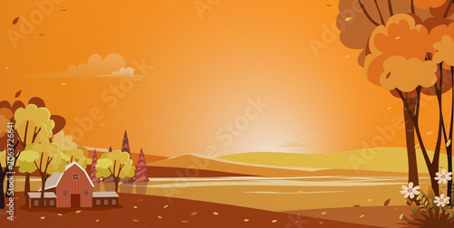 Sunset Sky on orange background, Autumn forest tees, farmhouse on rolling hill in farm, Cartoon illustration fall landscape on watercolour paper textured. Natural countryside for Thanksgiving card