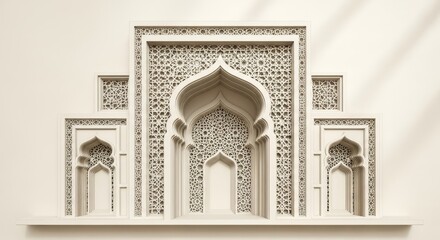 Intricate layered white Islamic arch with geometric patterns