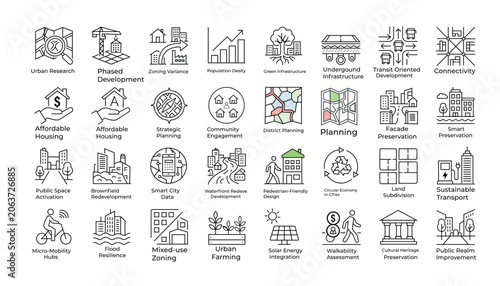 Urban Planning and Smart City Vector Line Icons Set