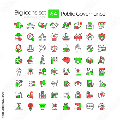 Public governance line color icons set. Collaboration between government, private sector and civil society. Vector illustrations. Simple flat colorful symbols collection. Editable stroke