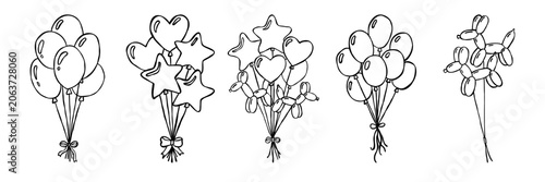 Bunches of balloons in various shapes including round, heart, star, and animal shapes tied with ribbons, outlined in black and white